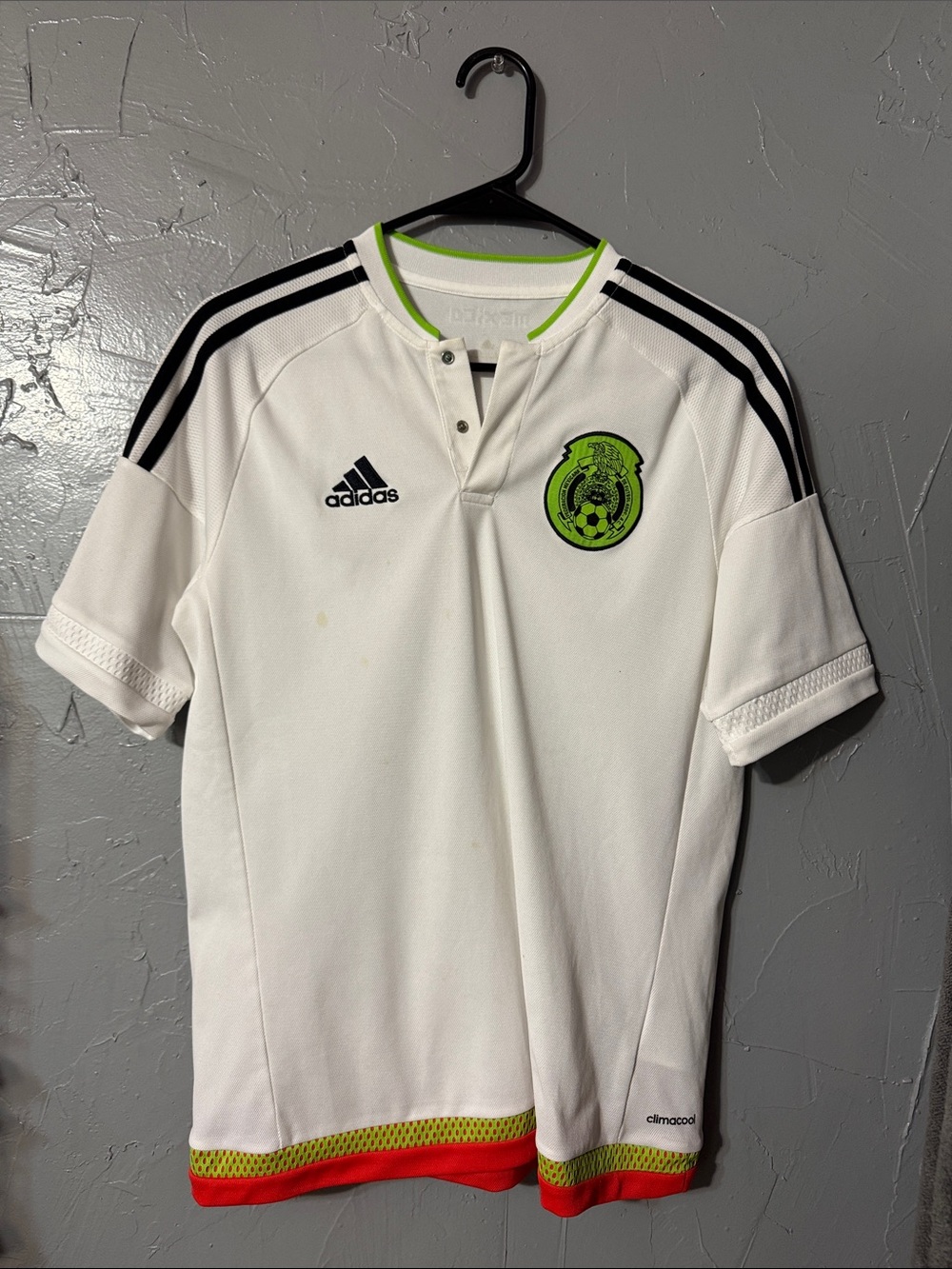 white adidas Mexico Soccer Jersey with Neon Green and Red Trim